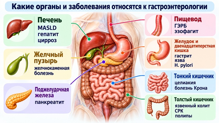 Основные органы пищеварительной системы и группы заболеваний, которыми занимается гастроэнтерология