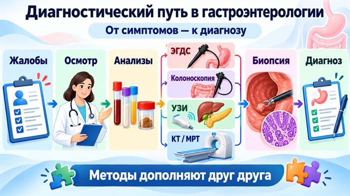 Диагностический маршрут при заболеваниях ЖКТ: от первичной консультации до инструментальных исследований и морфологического подтверждения диагноза